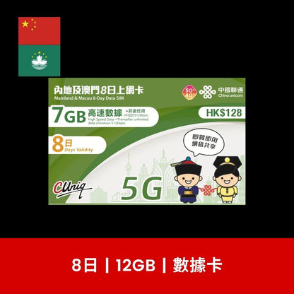 中國聯通 中國及澳門 2/3/5/8/15/30日 旅遊數據卡