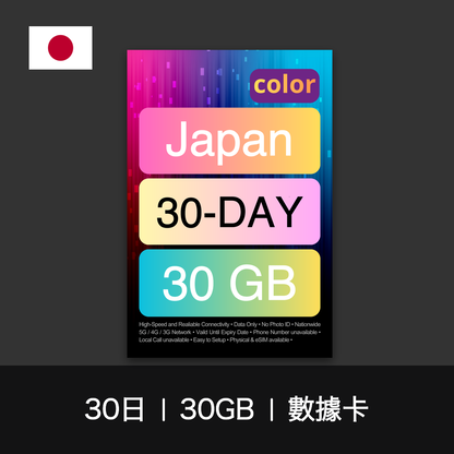 color 日本旅遊數據卡（15-30日）