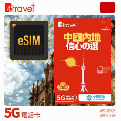 B4travel 中國大陸 (內地)  3日 6GB 5G 無限數據電話卡/ eSIM