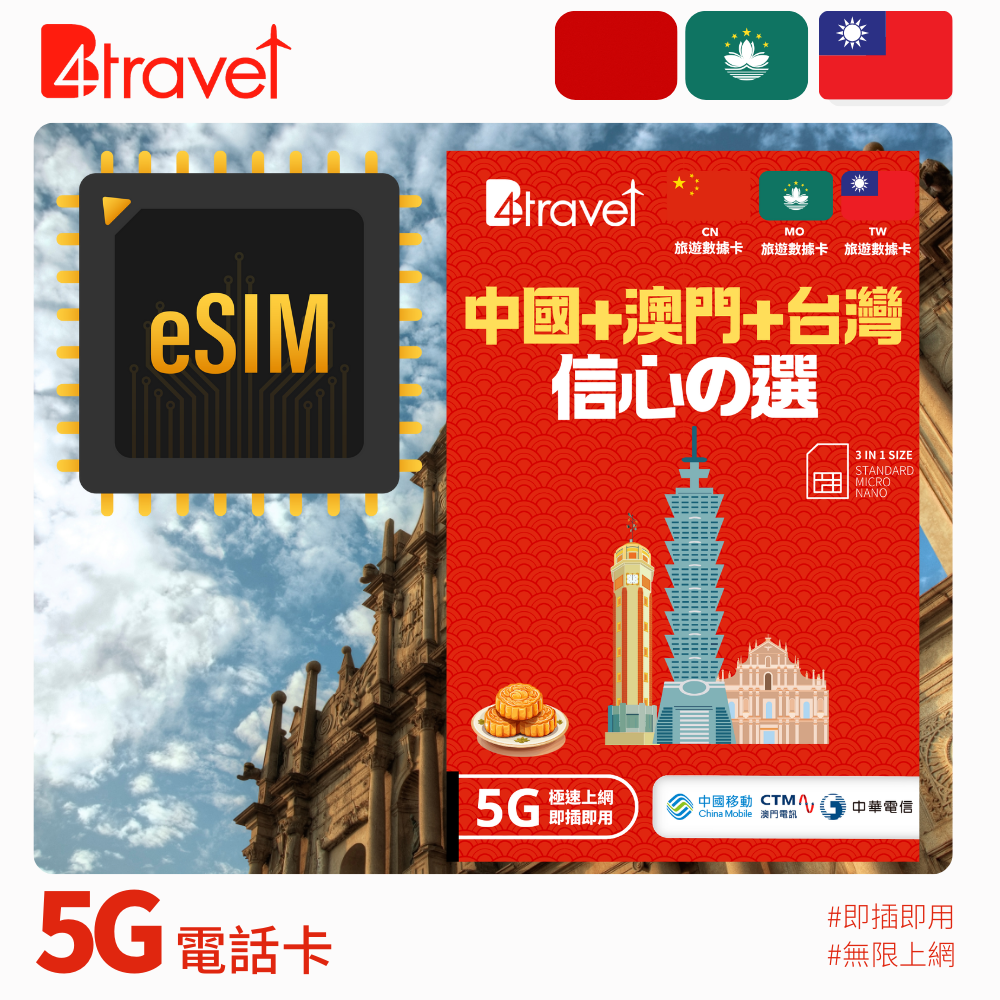 B4travel 中國大陸 (內地) 、澳門、台灣 三地共用 365日 10GB 5G 數據電話卡 / eSIM（年卡）