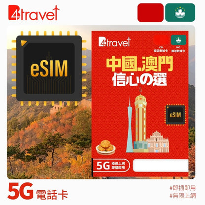 B4travel Plus 三網絡 中國大陸 (內地) 、澳門 兩地共用 5G 無限數據 eSIM