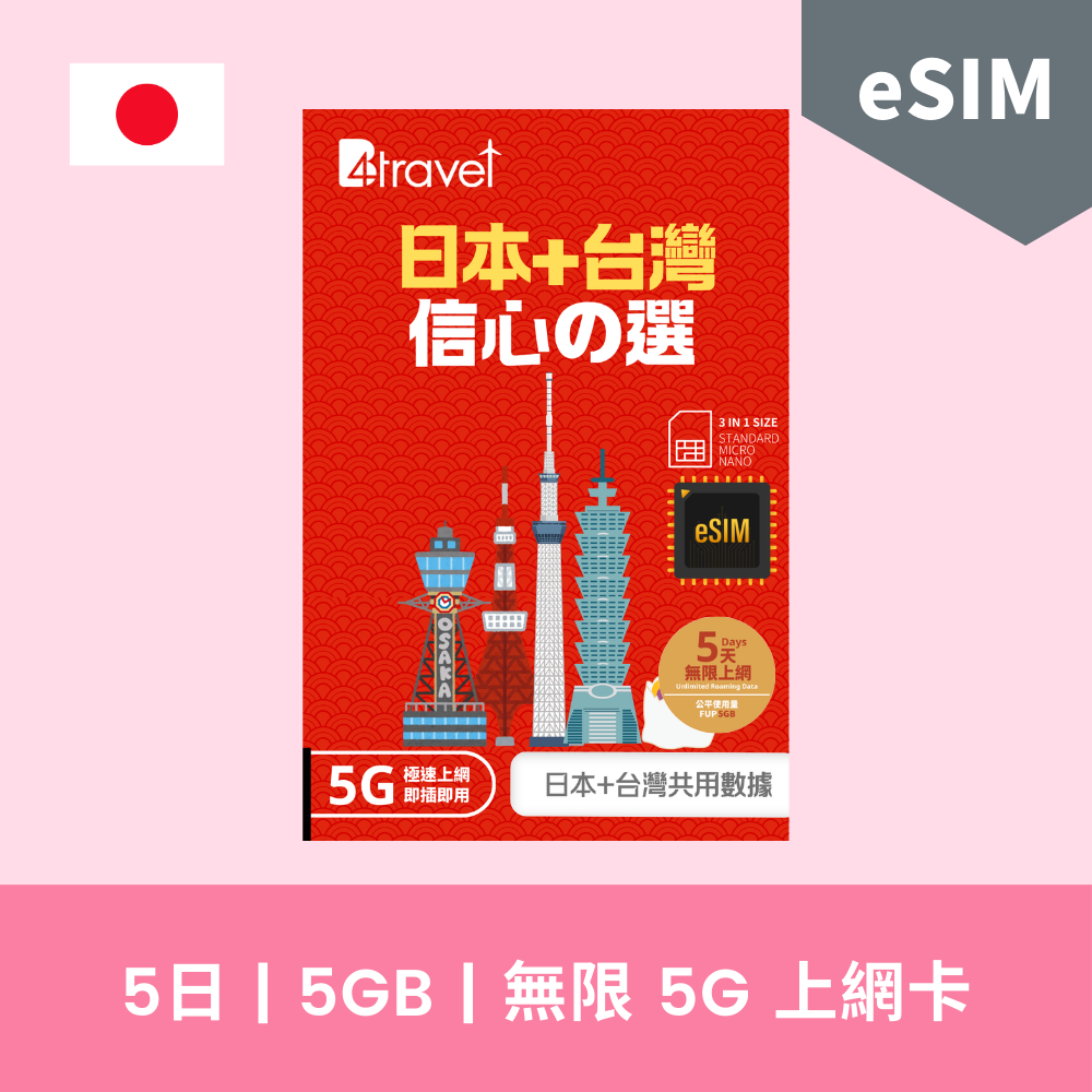 B4travel 日本+台灣 兩地共用 5G 無限數據 eSIM