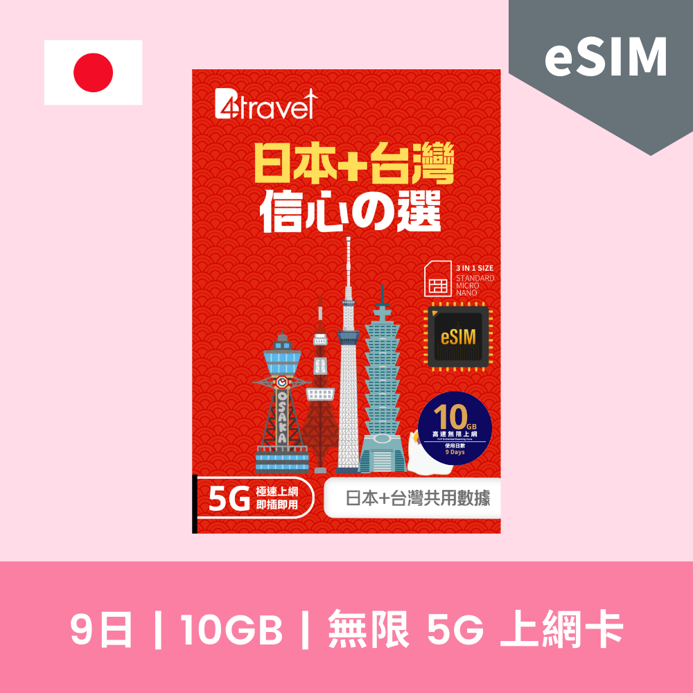 B4travel 日本+台灣 兩地共用 5G 無限數據 eSIM
