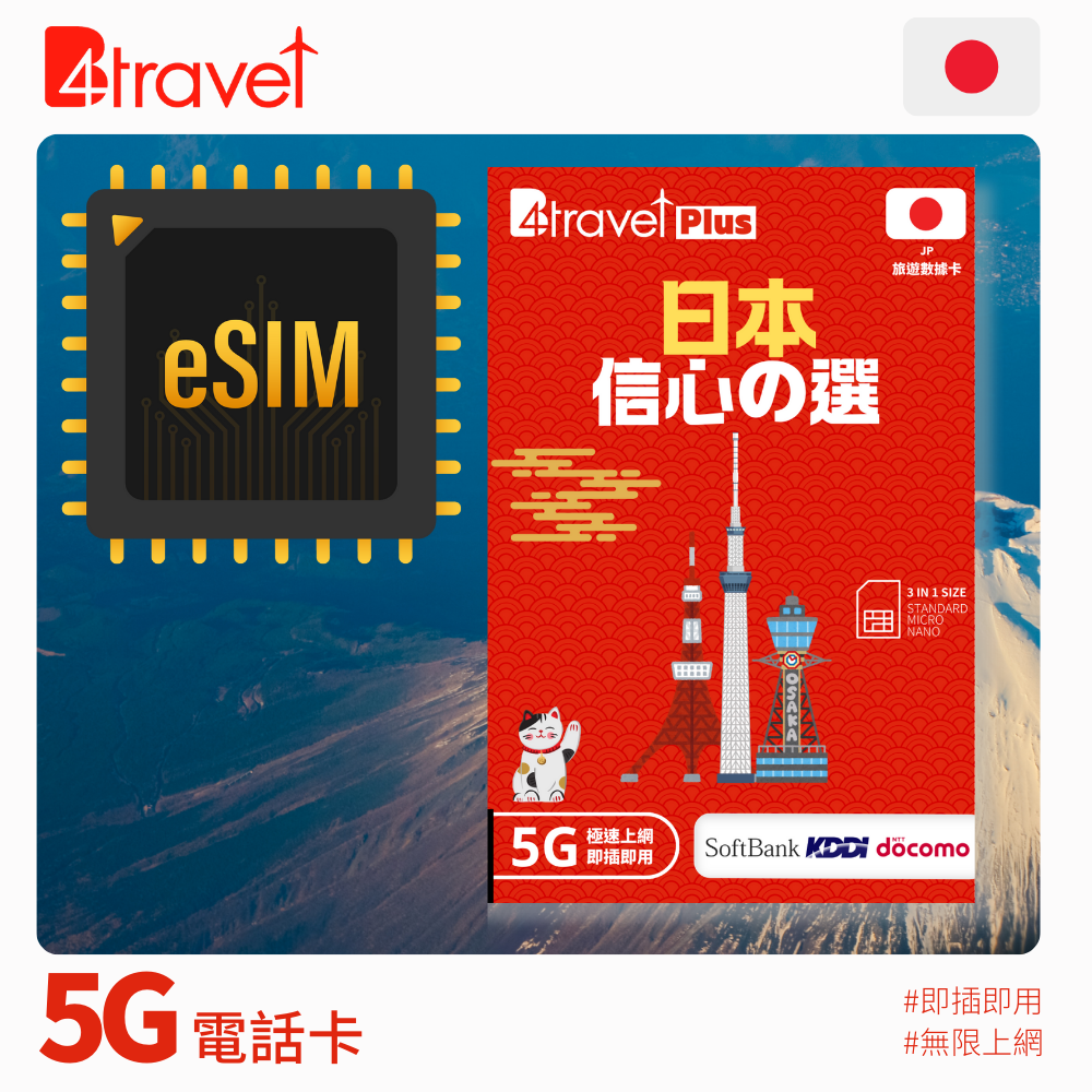 B4travel Plus 三網絡 日本 5日 5GB 5G 無限上網電話卡 / eSIM