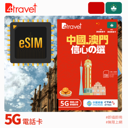 B4travel 中國大陸 (內地) 、澳門 兩地共用 365日 20GB 5G 數據電話卡（年卡）