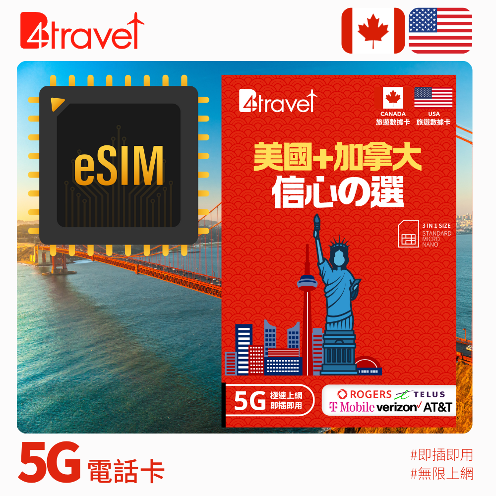 B4travel 美國+加拿大 30日 20GB 5G 無限上網電話卡 / eSIM
