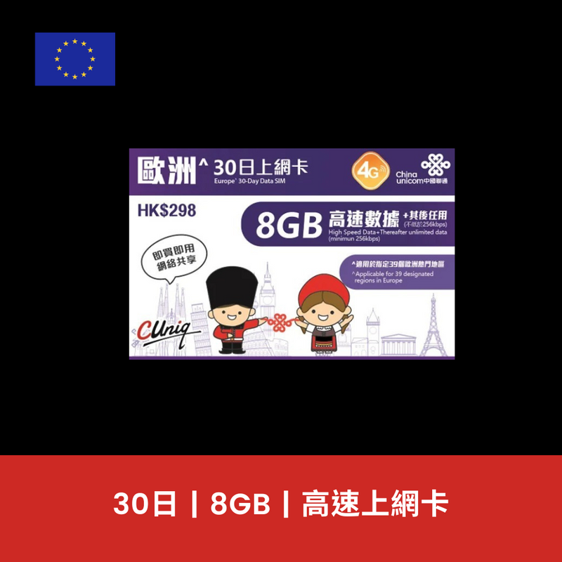 中國聯通 歐洲 30日 8GB 電話卡