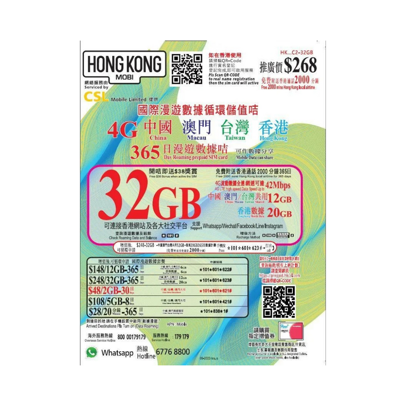 HK Mobile 中國、澳門、台灣、香港 四地 365天  32GB 上網儲值卡