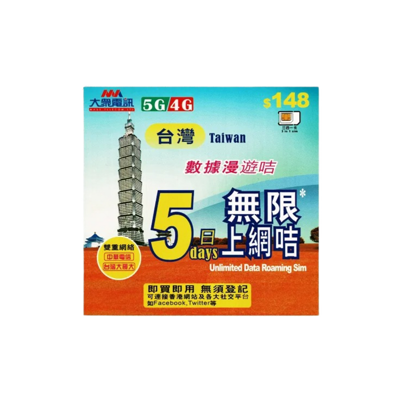 大眾電訊 台灣 5日 5GB 5G 限速無限上網電話卡