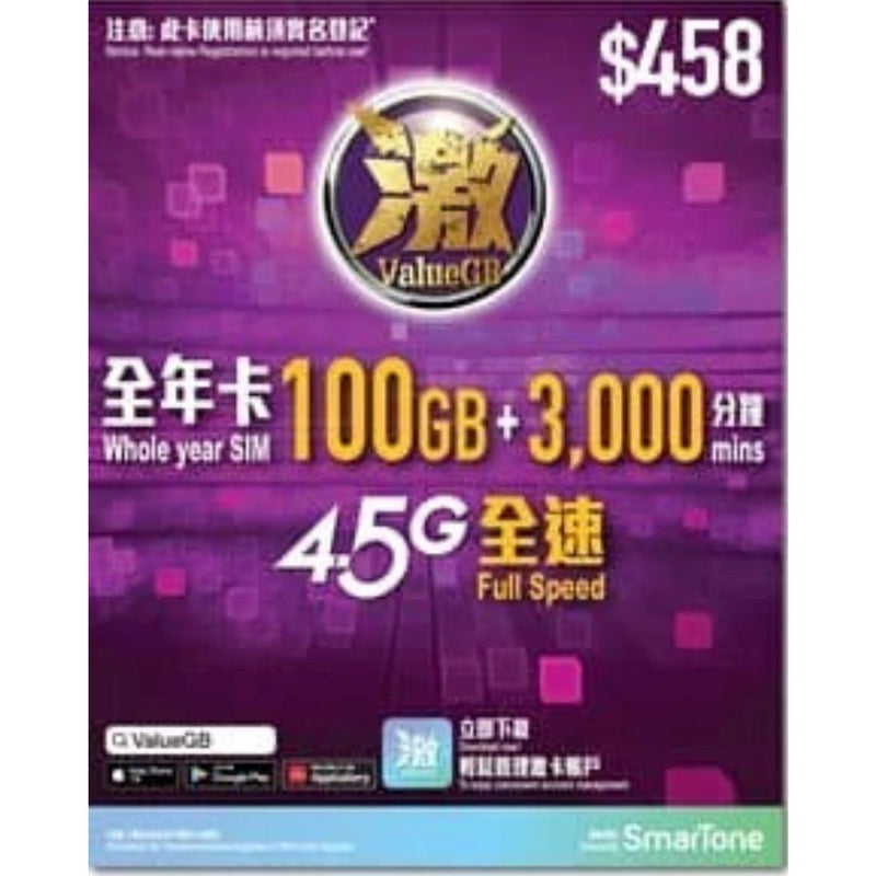 激ValueGB 一年香港本地 100GB 4.5G 數據卡