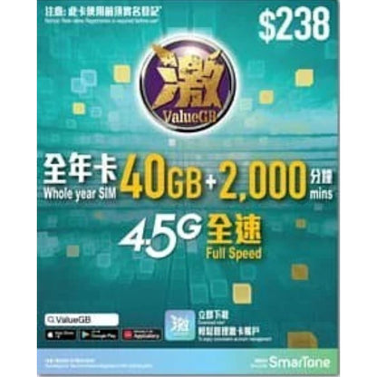 激ValueGB 香港 40GB 數據電話卡（年卡）