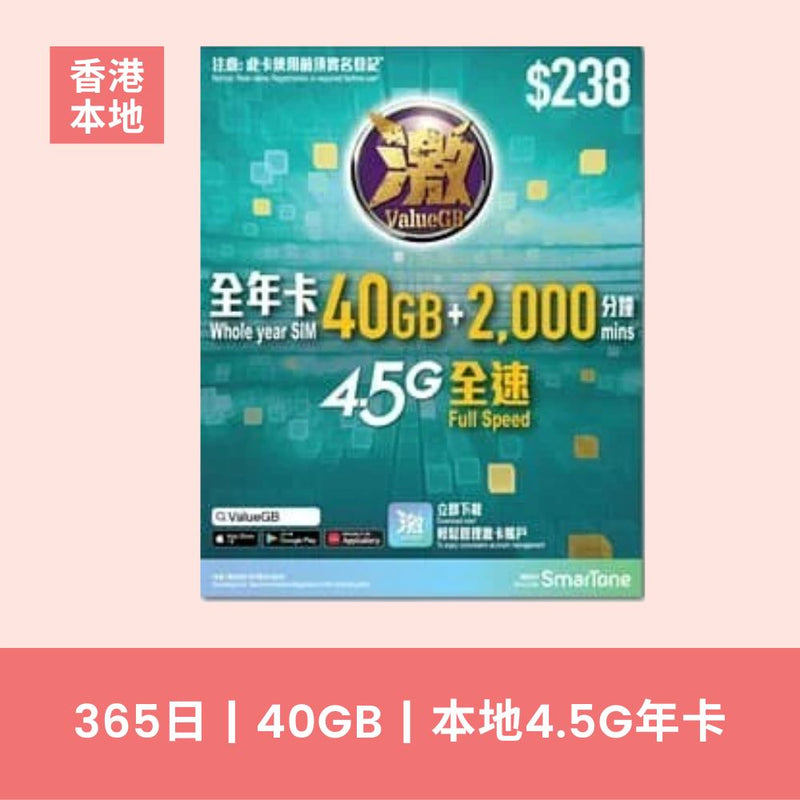 激ValueGB 一年香港本地 40GB 4.5G 數據卡