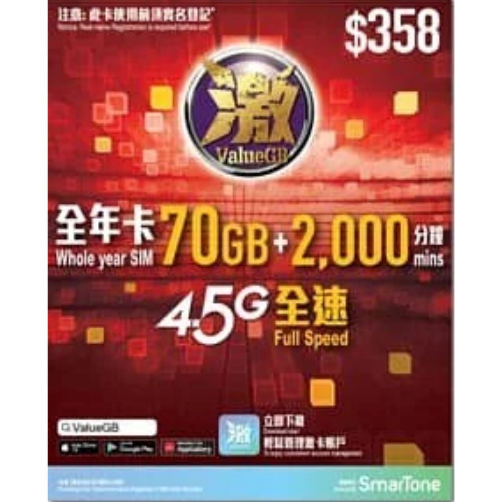 激ValueGB 香港 70GB 數據電話卡（年卡）