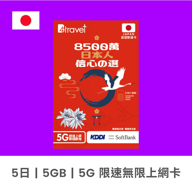 【X Pay 專用優惠】B4travel 日本 5天 5GB 高速 5G 上網卡